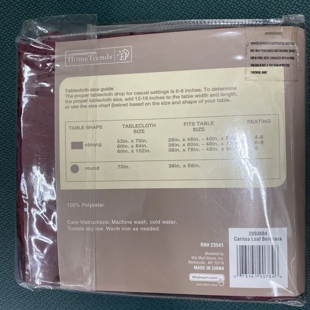 NIP Home Trends Carissa Leaf  Bordeaux Fabric Tablecloth 60 x 84 Oblong Dining